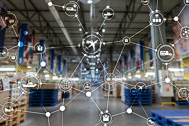 Digital logistics and supply chain network overlay on warehouse background showing icons of shipping, transportation, inventory management, and global logistics connectivity.